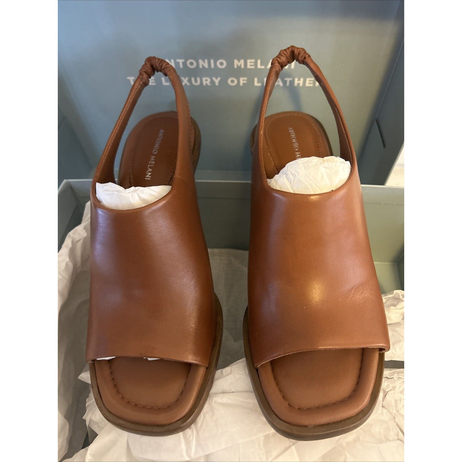Preowned Antonio Melani Peep Toe Brown Leather Heel Sandals Size 6 1/2